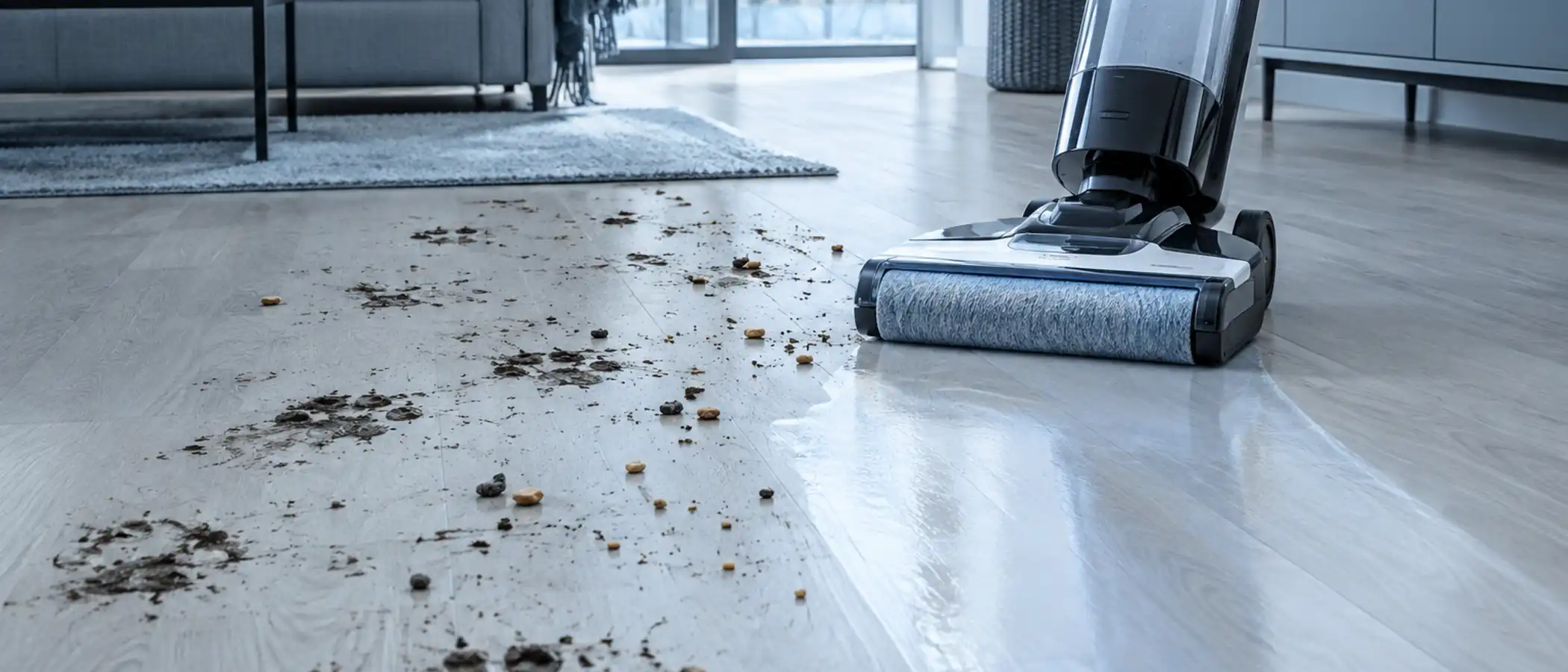 Vloerreiniger trekt een schone baan door een spoor van modderige pootafdrukken