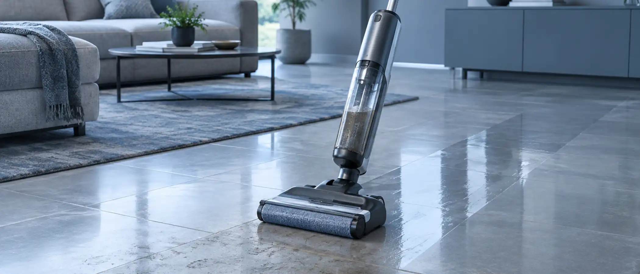 Steelvloerreiniger laat een schone baan achter op een lichte tegelvloer