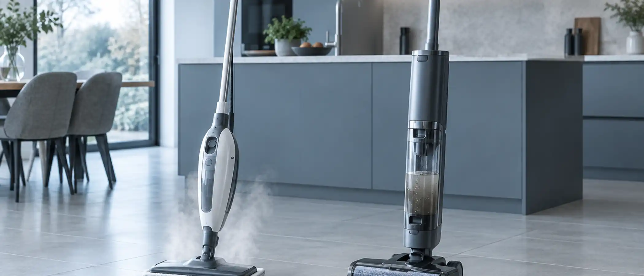 Stoomreiniger met damppluim naast een vloerreiniger met natte borstelrol op dezelfde tegelvloer