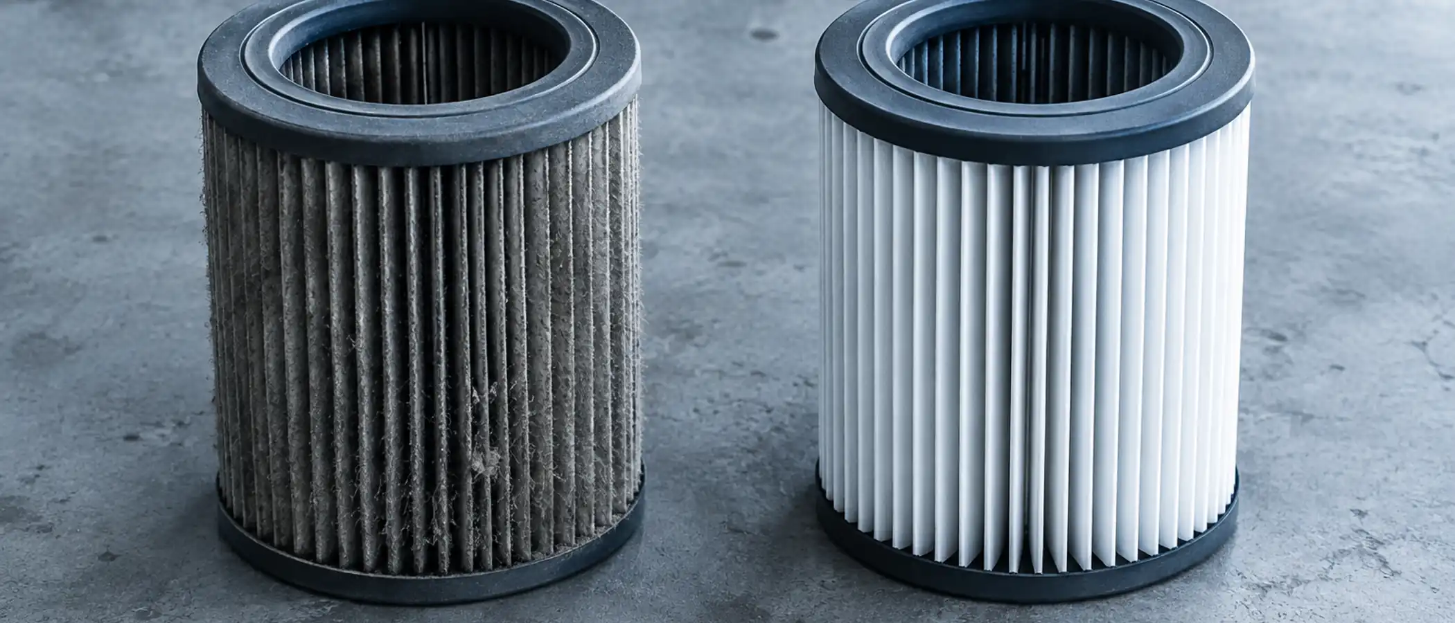 Een grijs bestoft patroonfilter naast een schoon exemplaar op een betonnen ondergrond
