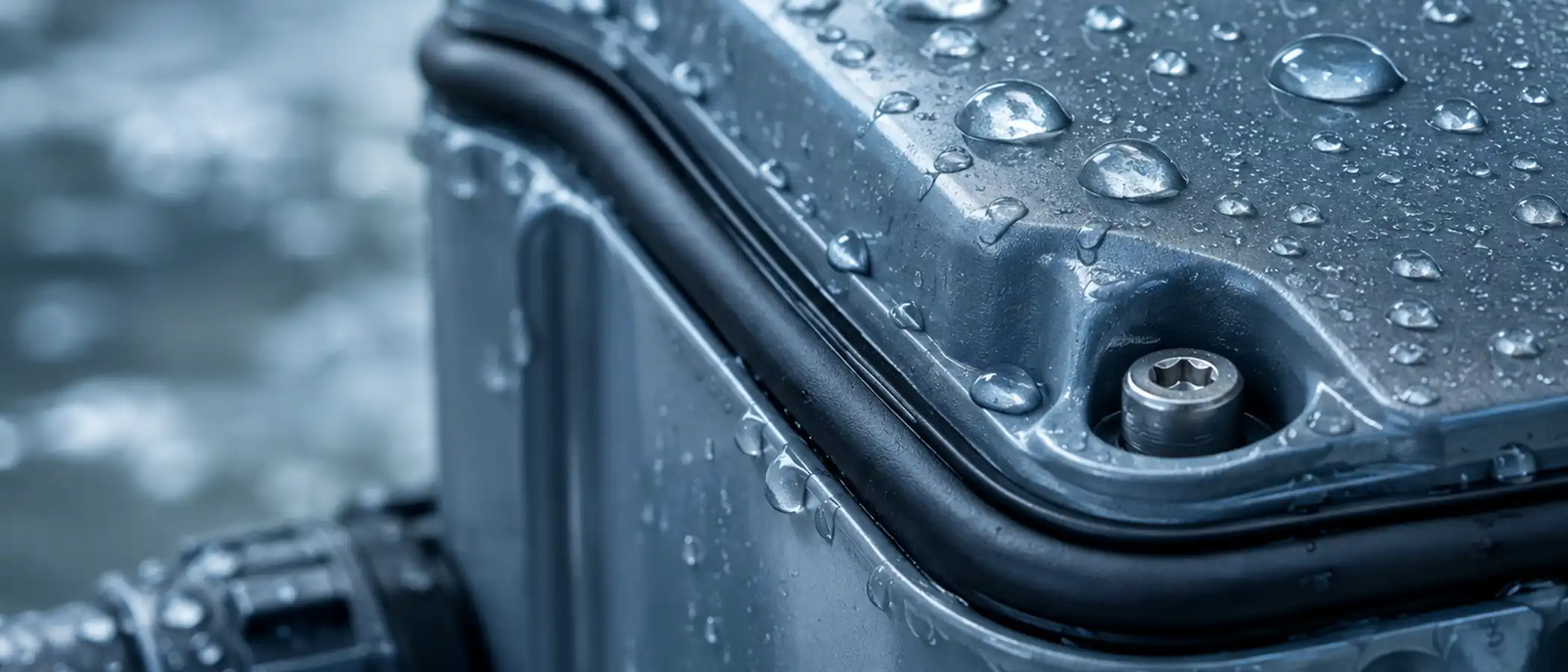 Rubberen afdichtring rond een apparaatbehuizing met waterdruppels die buiten blijven