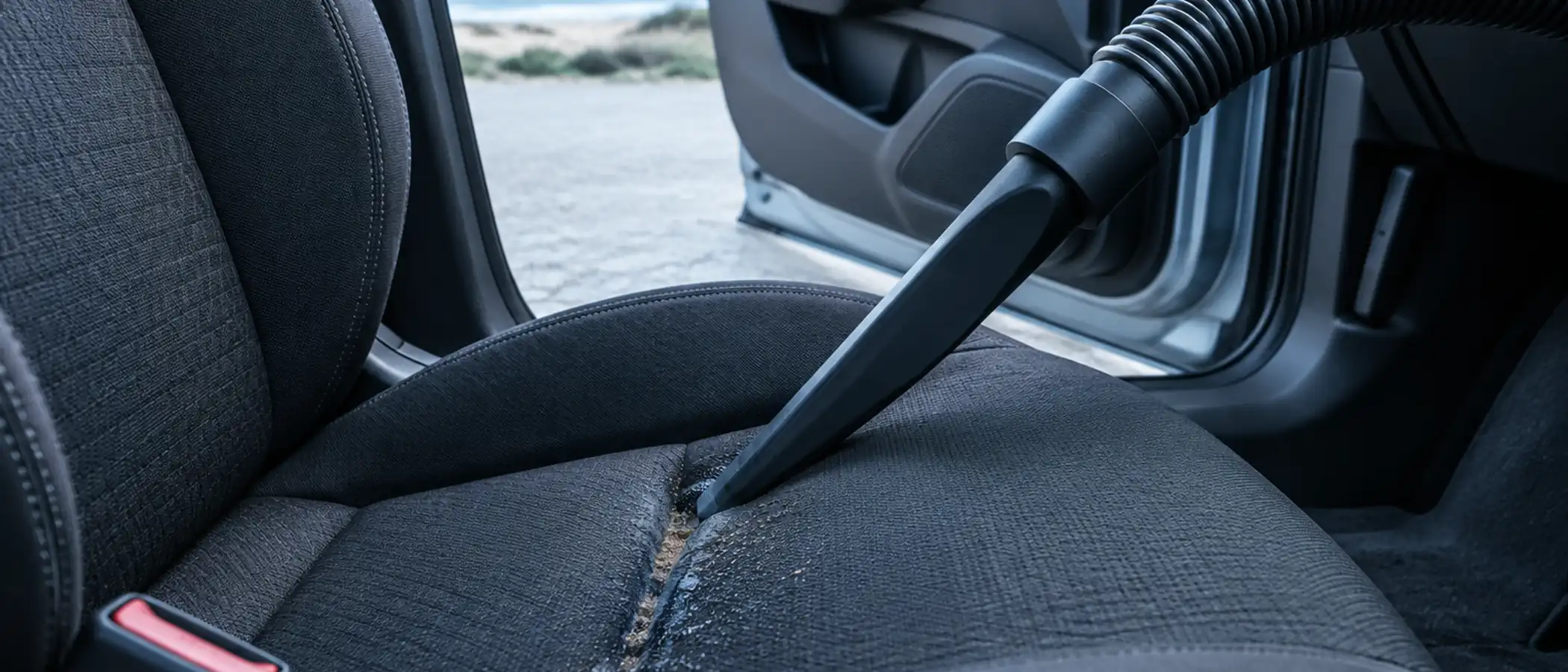 Smal mondstuk zuigt zand en vocht uit de naad van een autostoel bij een open portier