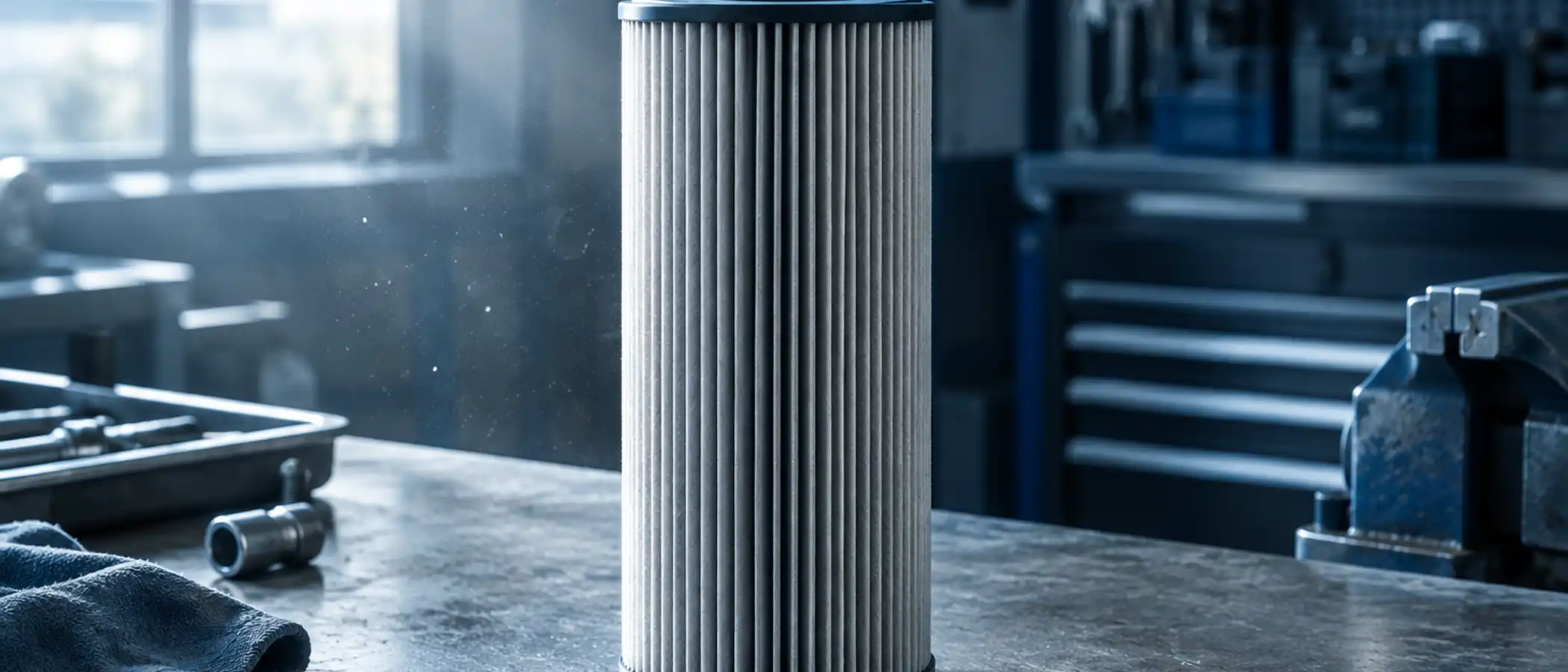 Cilindrisch geplooid filter rechtop op een werkbank met de ribbels scherp in beeld