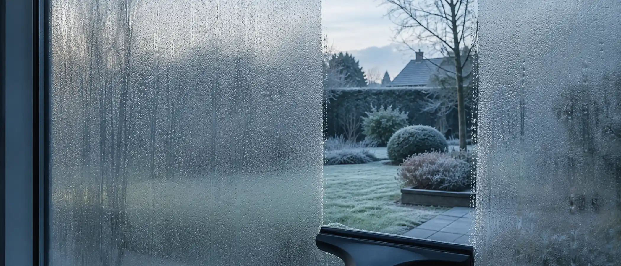 Raamzuiger heeft een schone verticale baan door de condens getrokken waardoor de tuin zichtbaar wordt