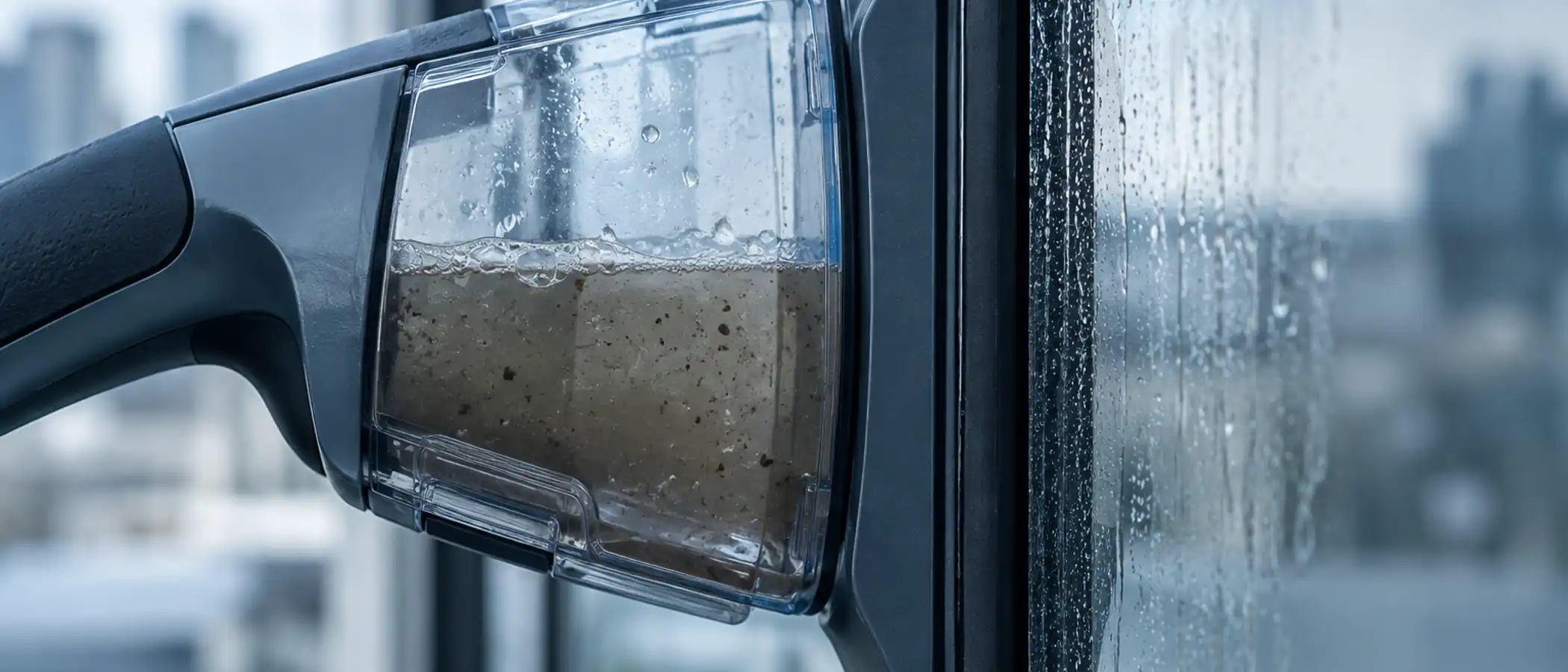 Raamzuiger tegen glas met het doorzichtige reservoir vuil water en de rubberen strip in beeld