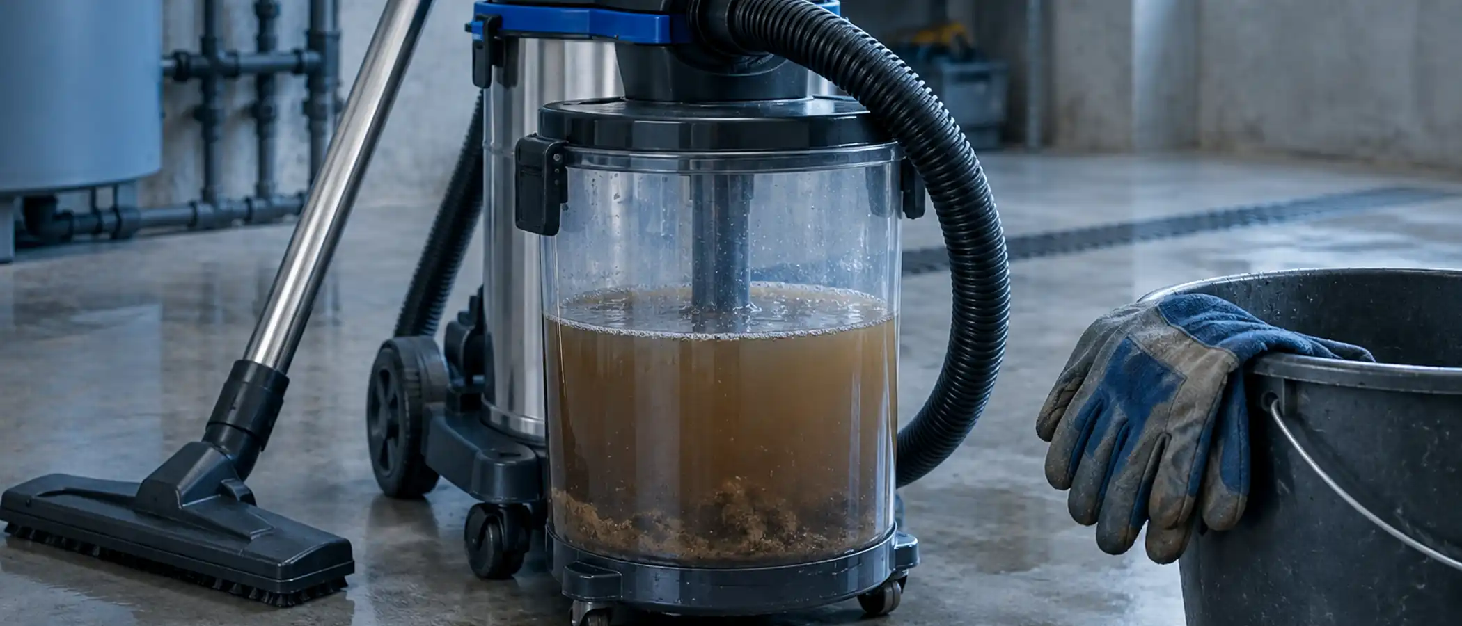 Ketelzuiger met troebel bruin water in de tank, werkhandschoenen op de rand van een emmer ernaast
