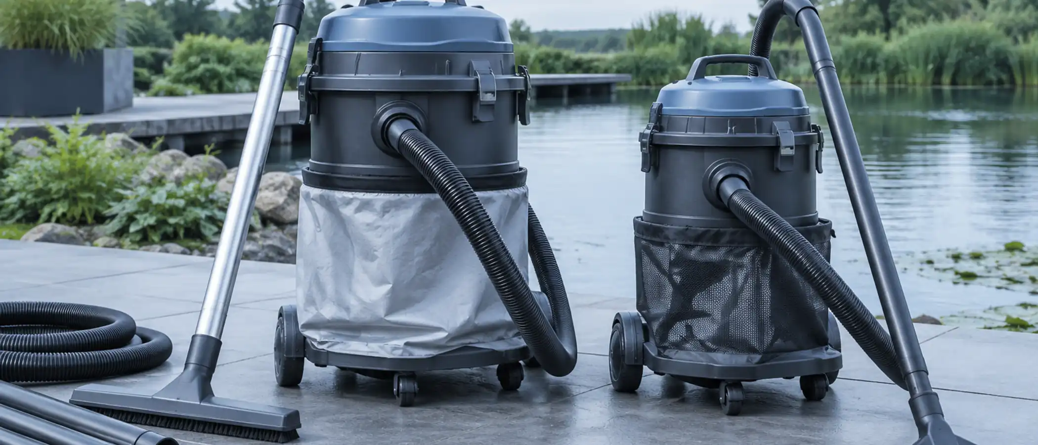 Twee vijverstofzuigers met verschillende buisdiktes naast elkaar op een terras aan het water