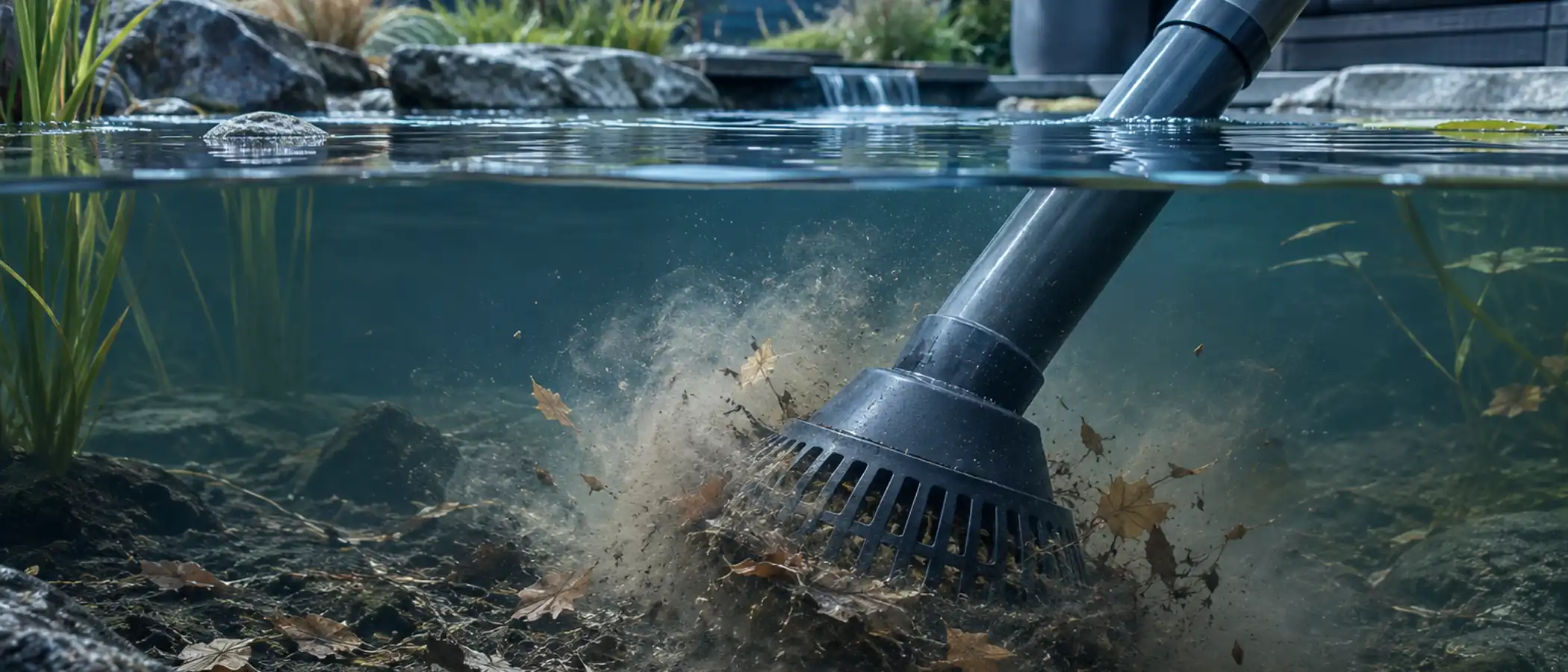 Zuigbuis met brede korf net onder het wateroppervlak van een tuinvijver, slib dwarrelt op