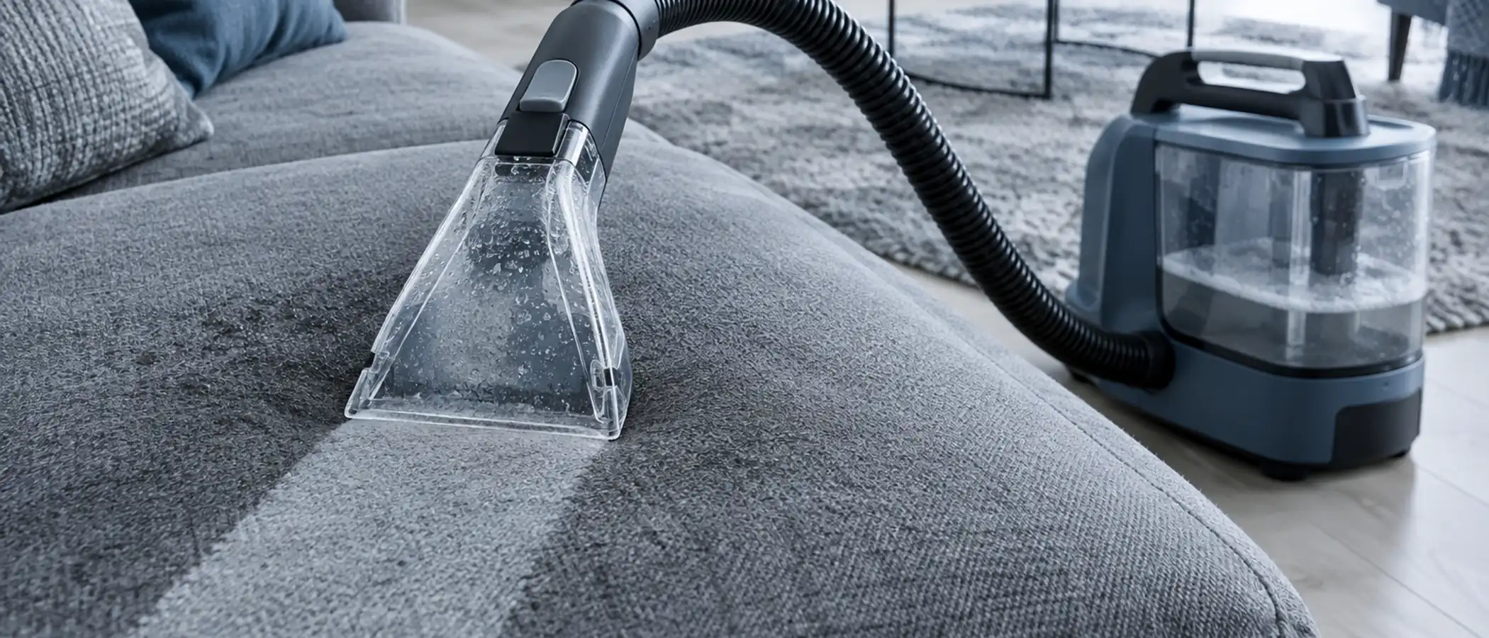 Vlekkenreiniger met handmondstuk trekt een schone baan door de bekleding van een stoffen bank
