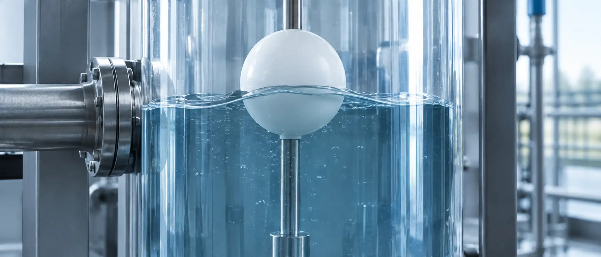 Witte drijvende bal komt omhoog op het stijgende waterniveau in een doorzichtige zuigertank