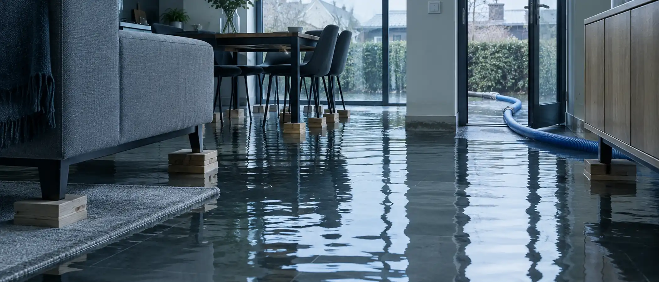 Ondergelopen begane grond met water tegen de plint, meubelpoten op klossen en een afvoerslang naar buiten