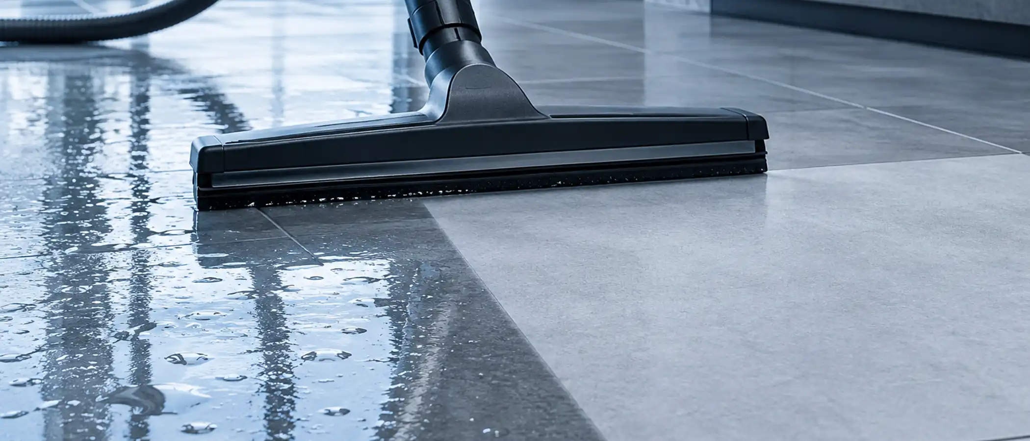 Zuigmond neemt water in een strakke lijn weg van een natte tegelvloer, het droge deel is lichter