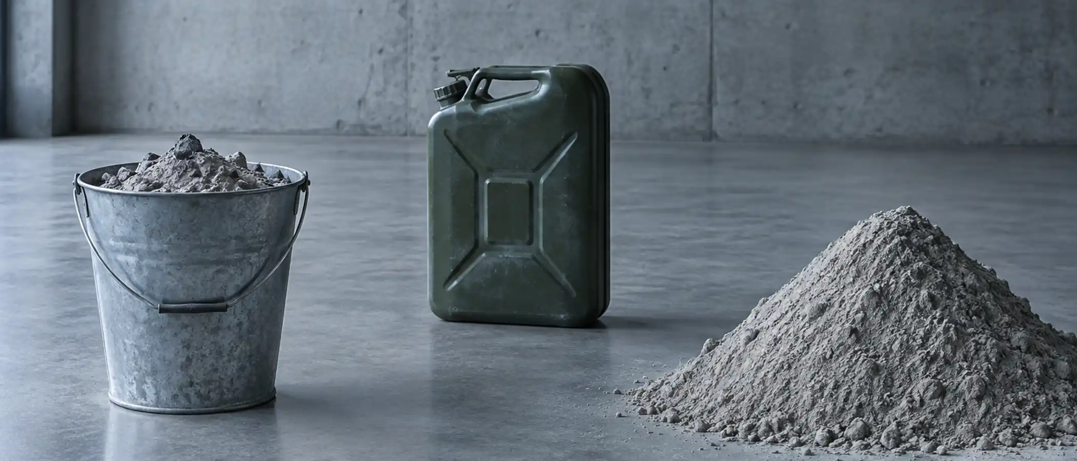 Metalen emmer met koude as, een gesloten jerrycan en fijn bouwstof apart op een betonnen vloer